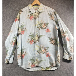 Tommy Bahama Shirt Mens Large Blue Linen Floral Hawaiian Vacay